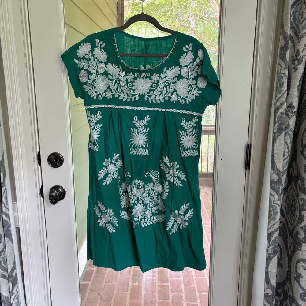 Green Dress with White Floral Embroidery